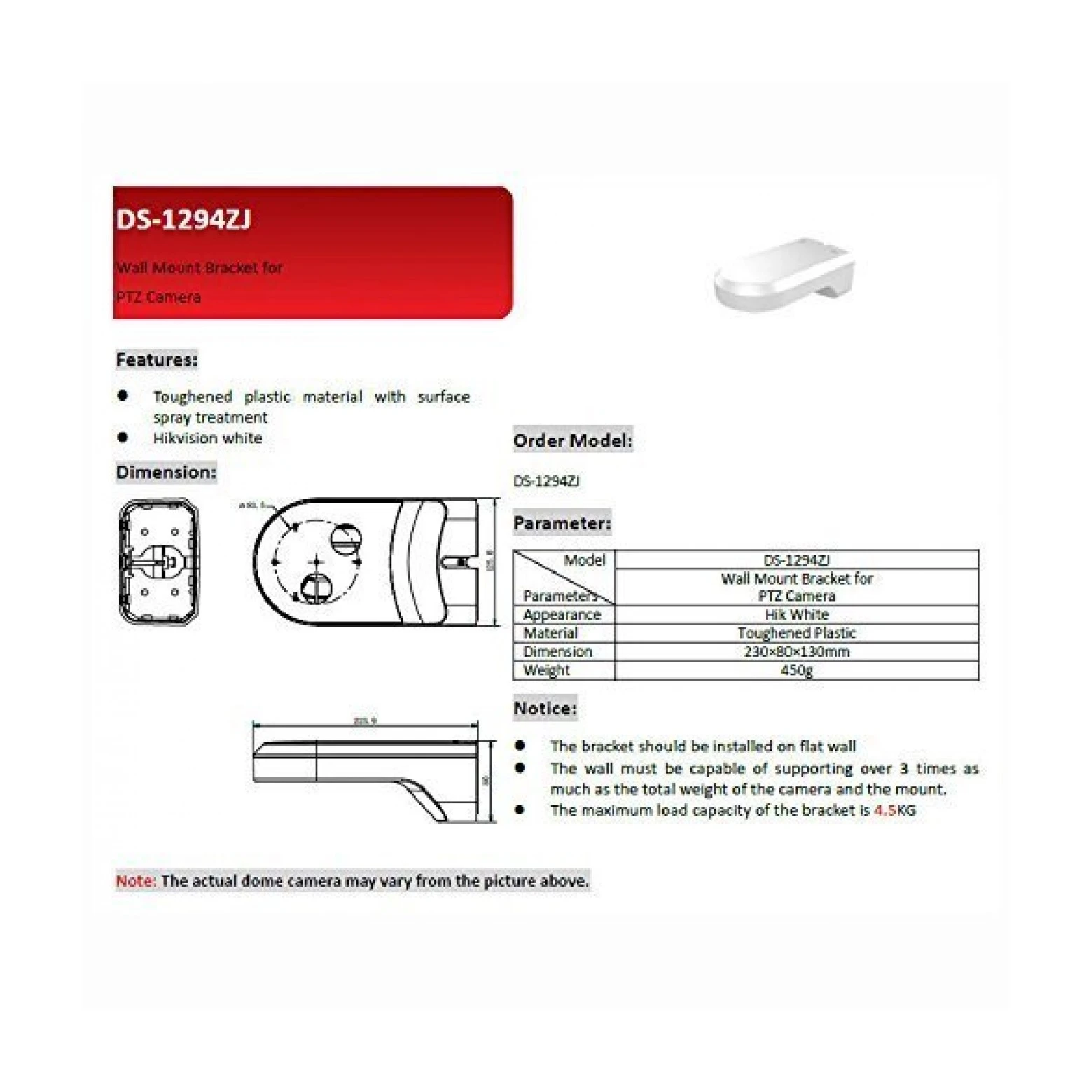 Hikvision DS-1294ZJ Support mural pour Wifi PTZ