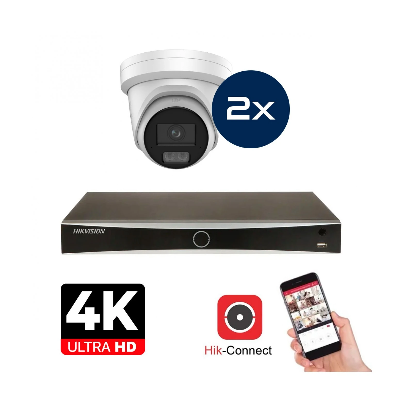 Hikvision Camera Set - 2x Colorvu 3.0 - Turret - 8MP (4K) - Audio et microphone - IP - Blanc