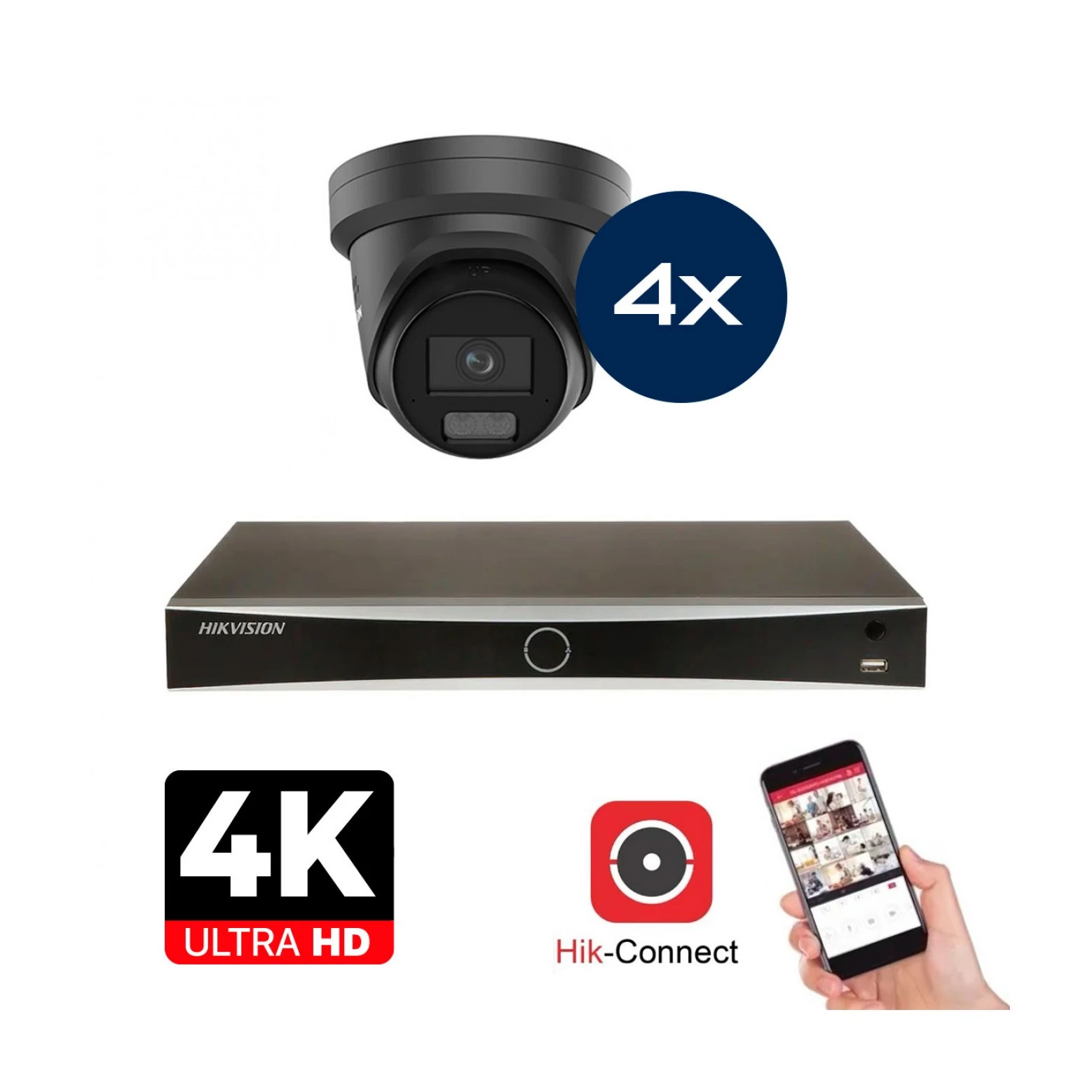 Hikvision Camera Set - 4x Colorvu 3.0 - Turret - 8MP (4K) - Audio et microphone - IP - Noir